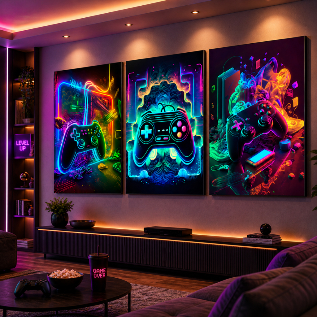 Quadro Decorativo Gamer Game Neon Controle Jogos Quarto Menino 122x60