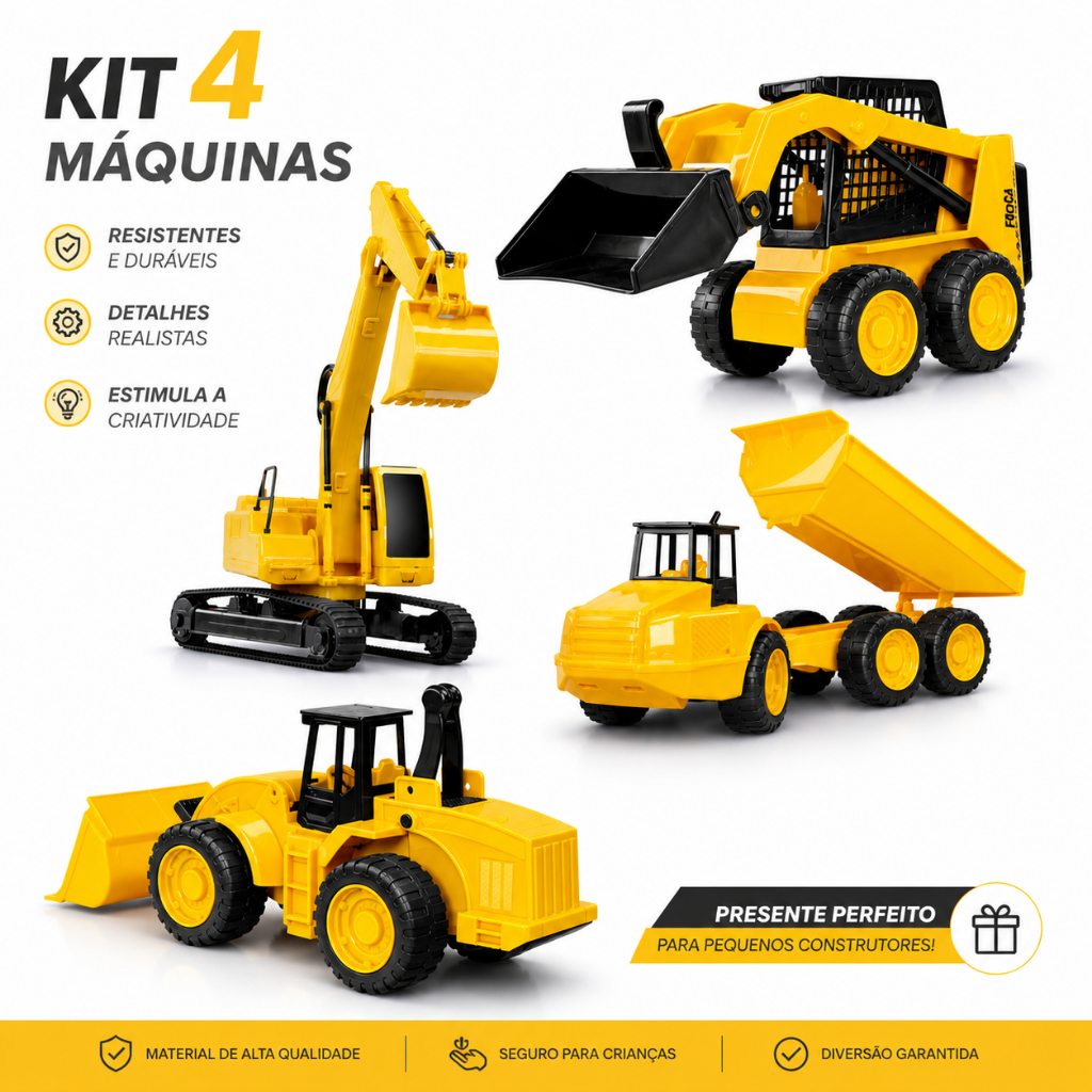 Brinquedo Carrinho Infantil Para Criança Menino Menina Trator Escavadeira Carregadeira Betoneira Gigante Kit 4 Tratores