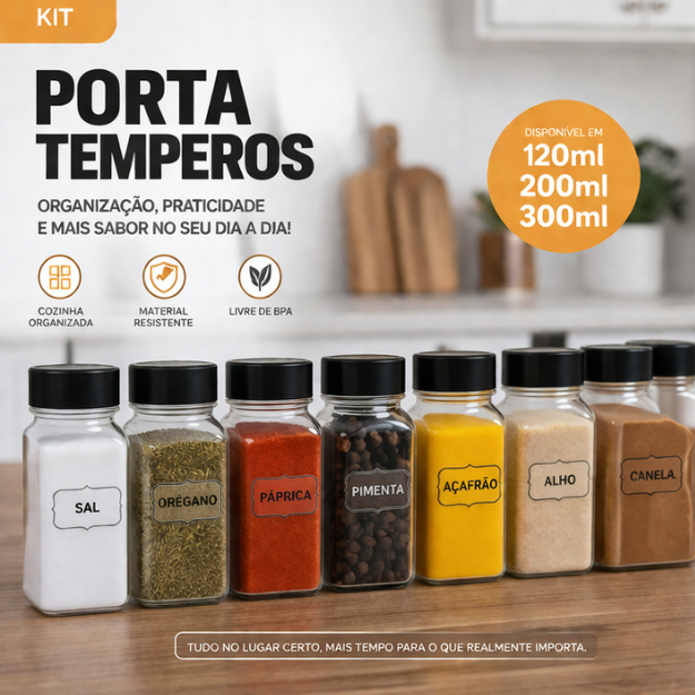 KIT 22x Porta Tempero de Cozinha 200ml Condimentos Organização Tampa Dosadora Dupla Envio Imediato