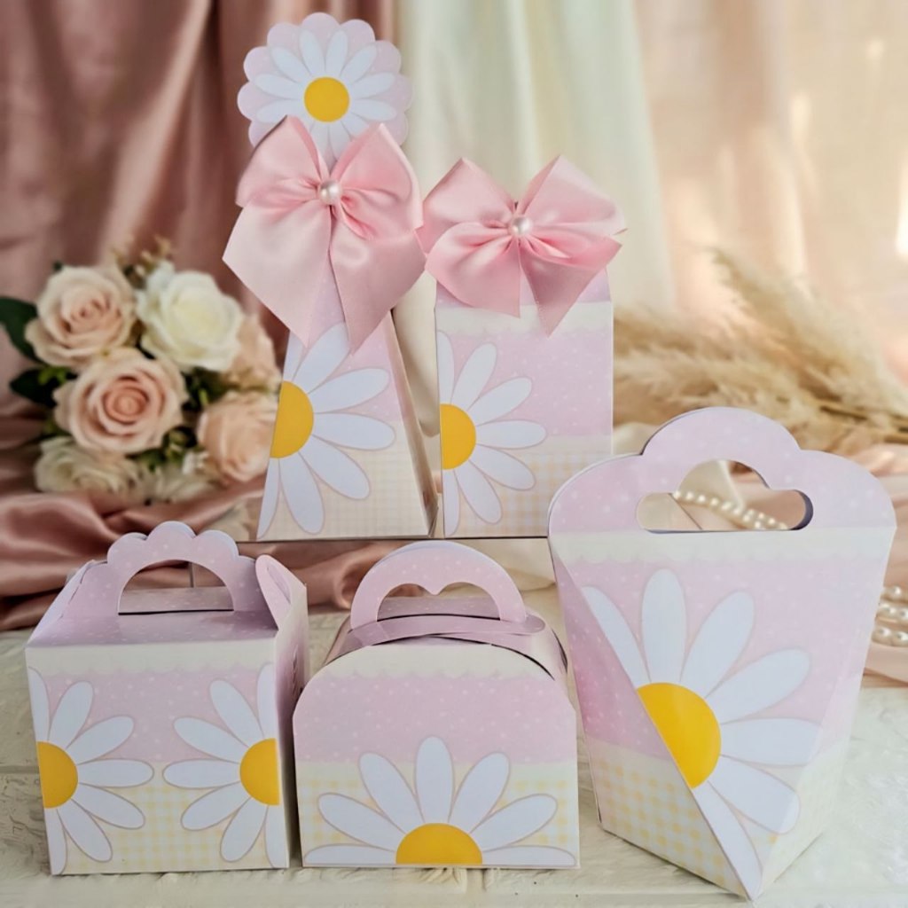 Kit Personalizados MARGARIDAS JARDIM ROSA FLORAL Pegue e Monte Caixinhas Lembrancinhas Festa Infantil Aniversário