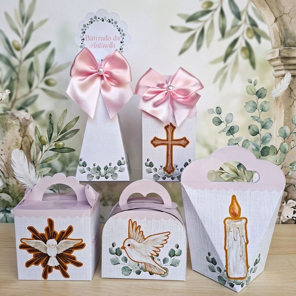 Kit Personalizados BATIZADO CRISMA EUCARISTIA ROSA Pegue e Monte Caixinhas Lembrancinhas Festa Infantil Aniversário