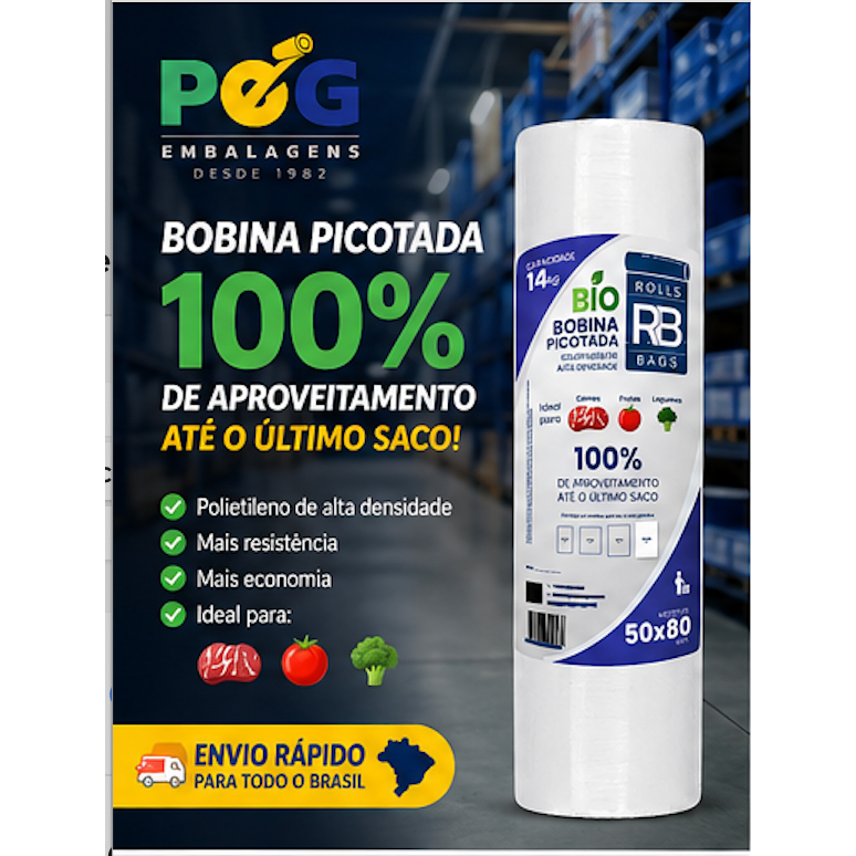 Bobina Picotada 50x80 Fundo Reto PEAD 14kg 0,04um c/150 Sacos Reforçada Hortifruti