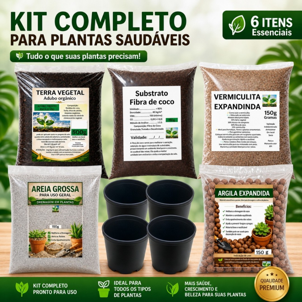 Kit Completo Premium Para Planta Suculenta Terra Vegetal Fibra de Coco Vermiculita Argila Expandida