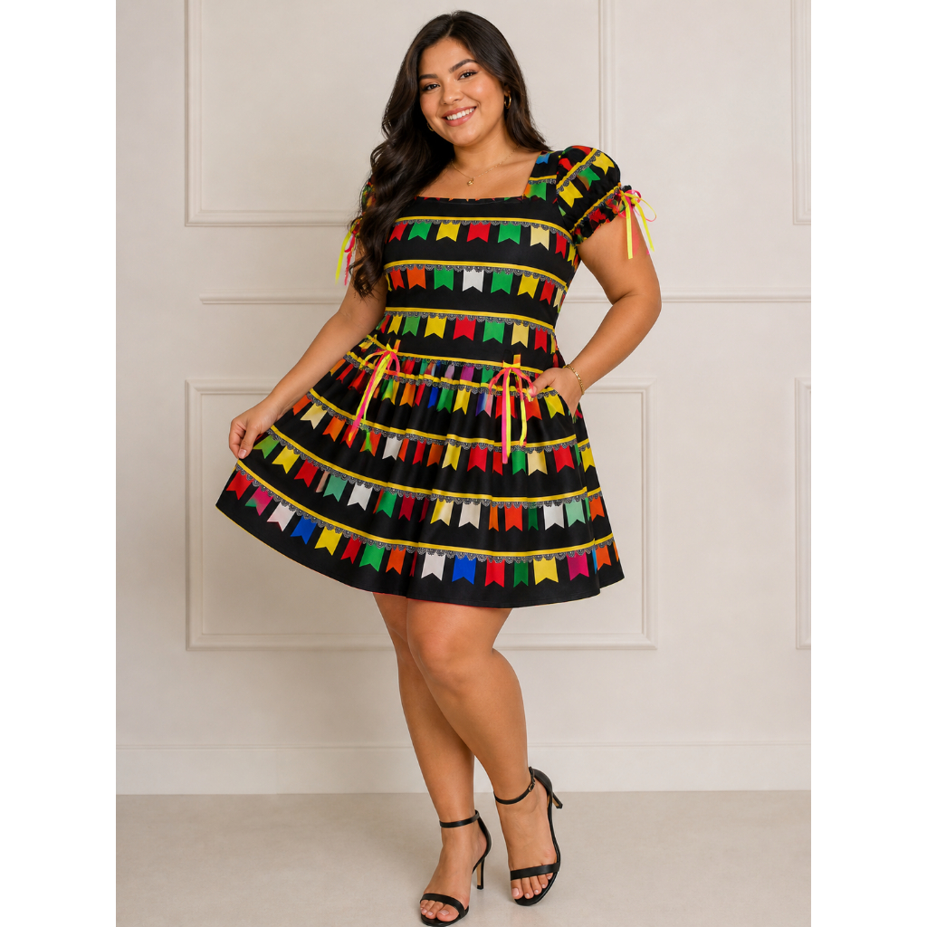 Vestido Preto Caipira Bandeirinha -todos os tamanhos– Festa Junina - Rápido Envio