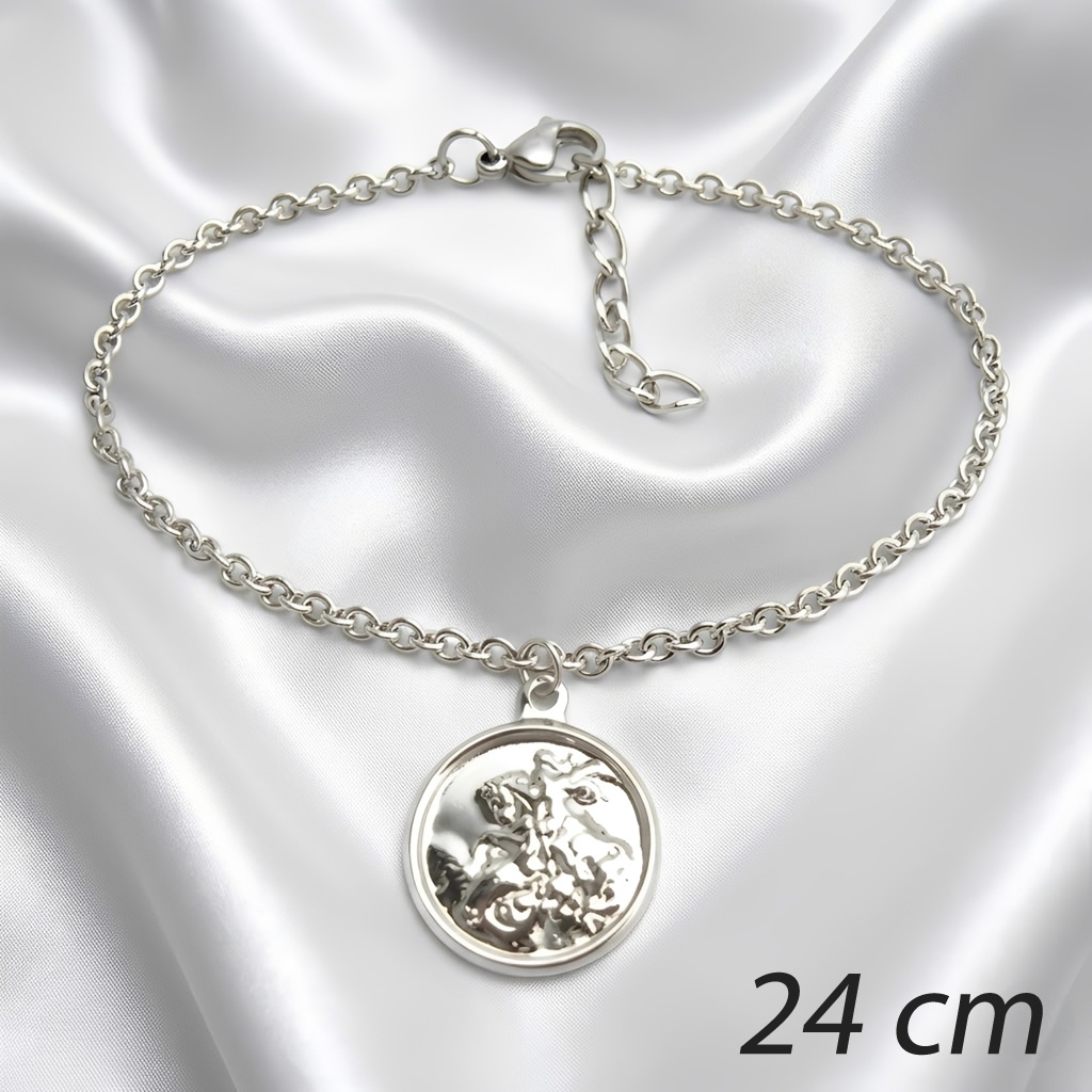 INOX - São Jorge - Tornozeleira em Aço Inox na Cor Prata - Pingente São Jorge - 24 cm + Extensor