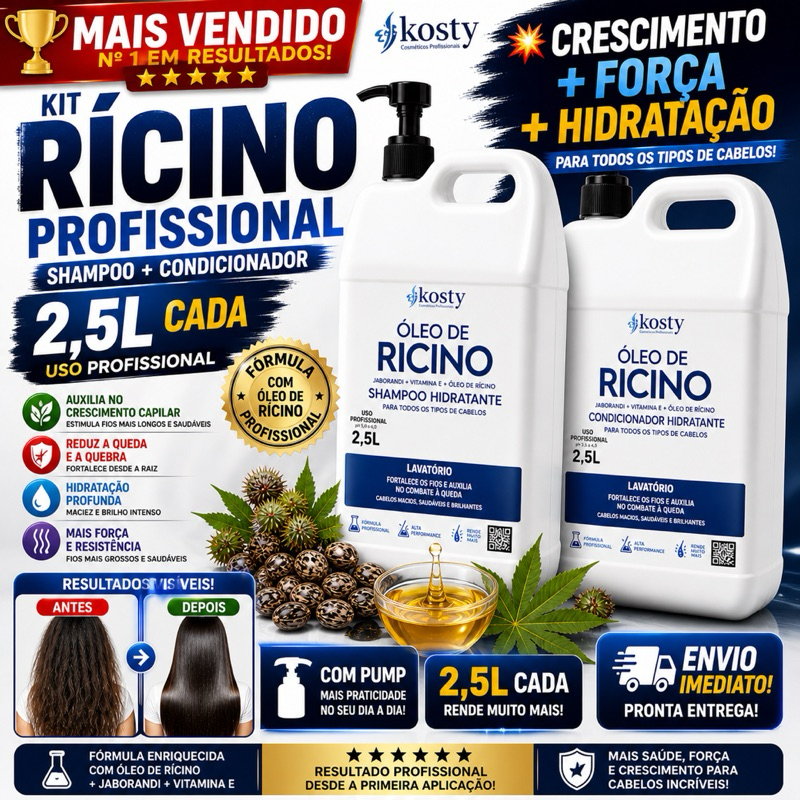 Kit Óleo de Rícino 2,5L Kosty Profissional (Shampoo + Condicionador) | Crescimento, Força e Hidratação