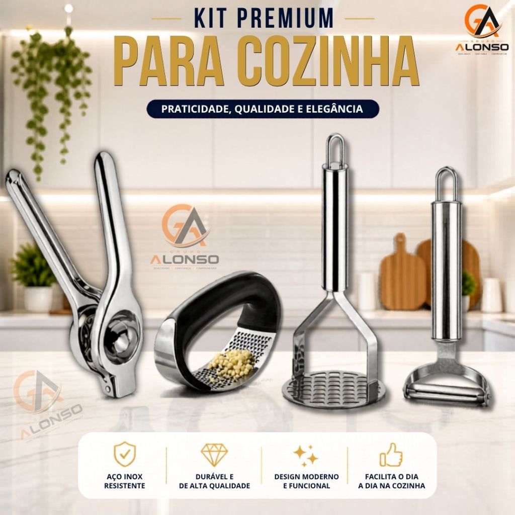Kit Utensílios Amassador Batata Amassador de Alho Espremedor de Limão Descascador de Legumes em Inox