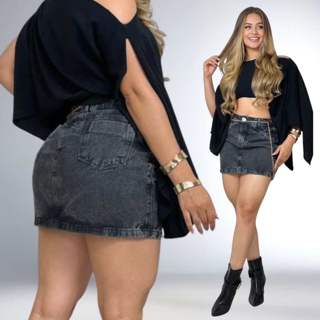 Mini Saia Jeans Curta 100% Algodão Cintura Alta Look Casual Nova Tendência Premium