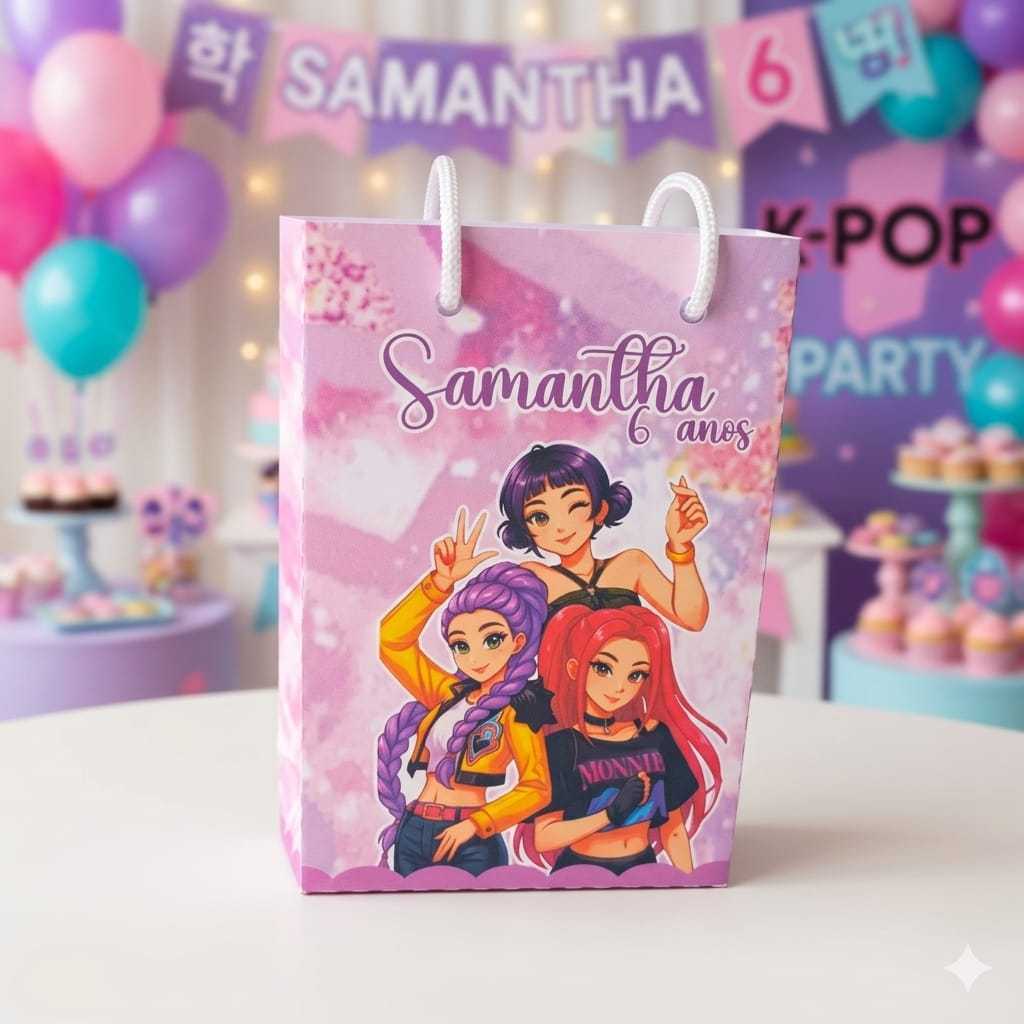 Sacolinha Personalizadas -Tam. P - Guerreiras do KIPOP - Lembrancinhas Infantil com Nome e Idade - KIT PEGUE E MONTE