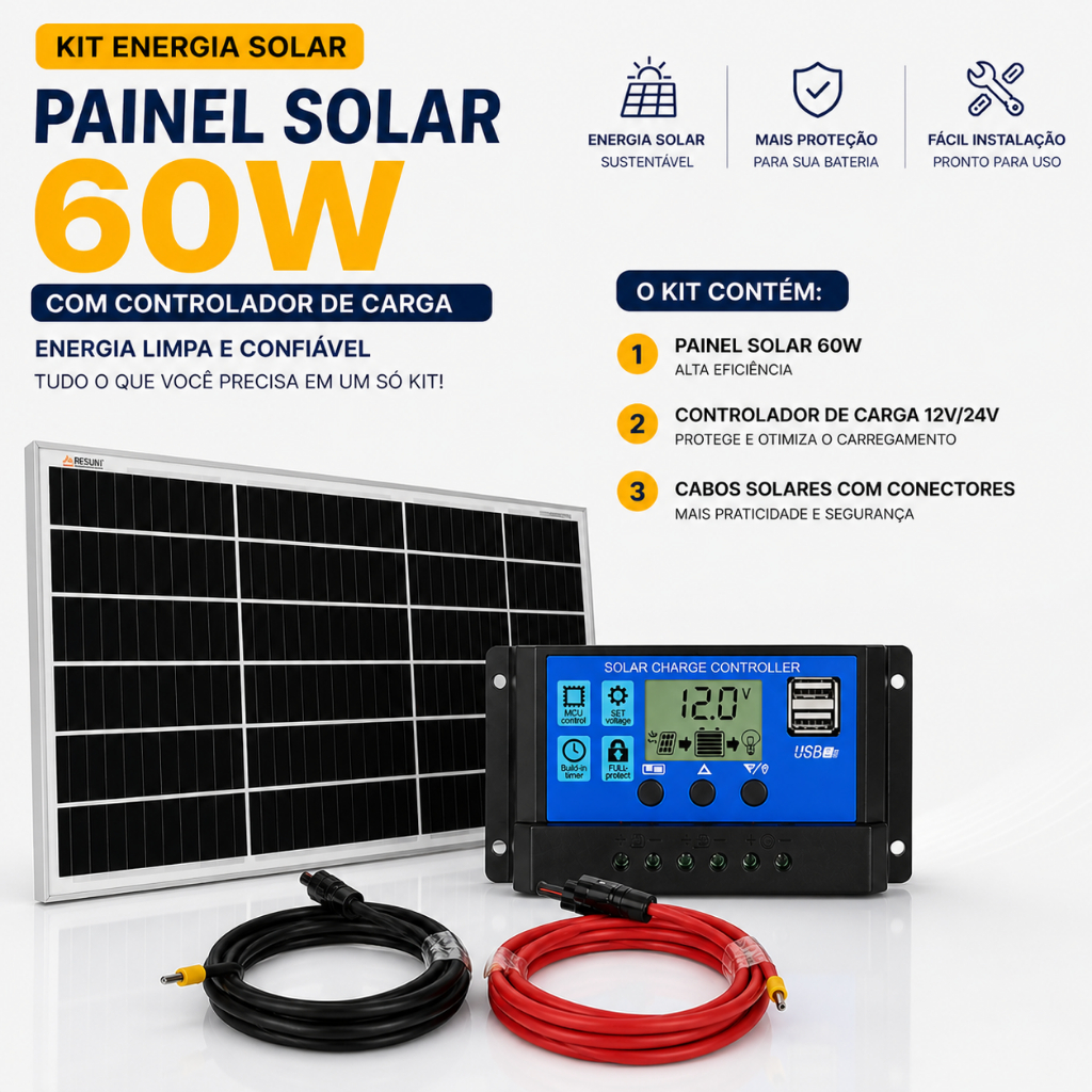 Kit Painel Placa Solar Fotovoltaico 60W Resun RSM060 Modulo Controlador Carregador de bateria 12V