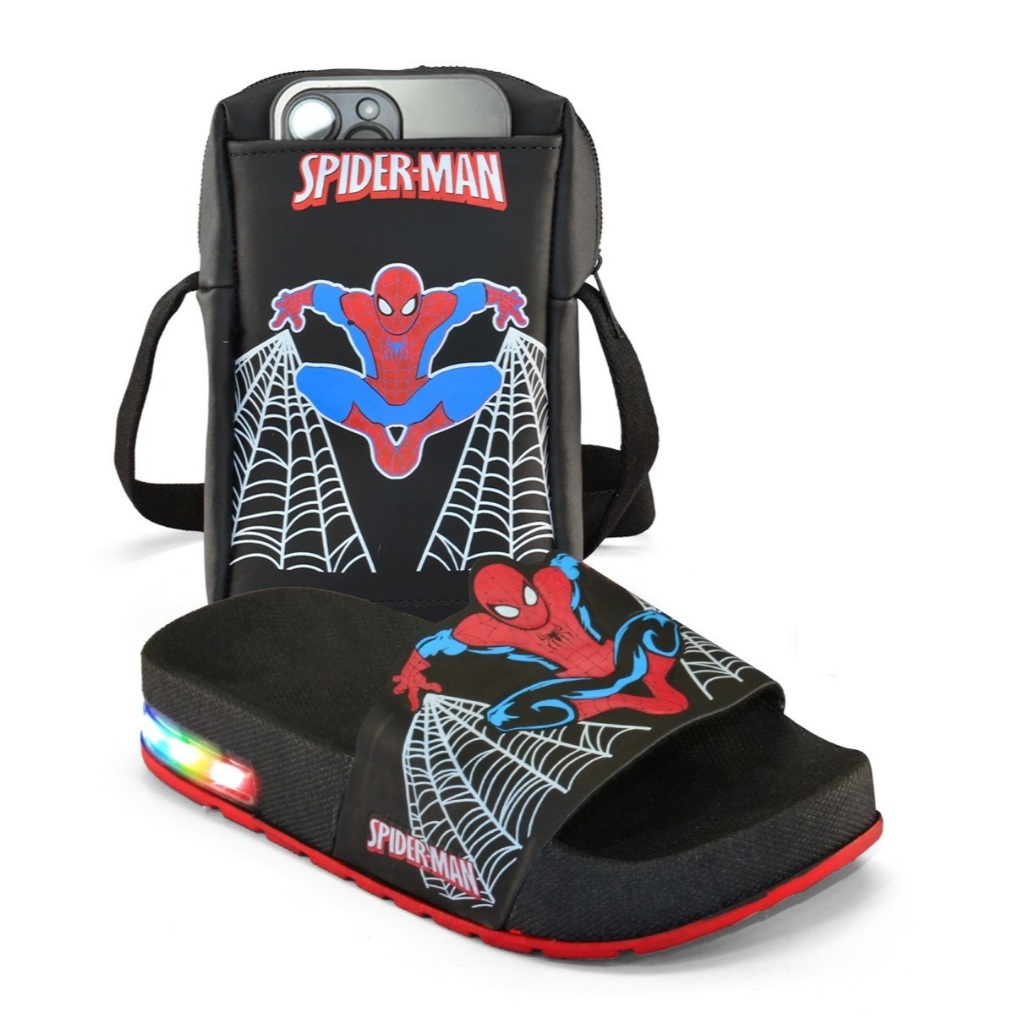 Kit Presente Homem Aranha– Chinelo Infantil Slide LED + Bolsa,– Envio Hoje