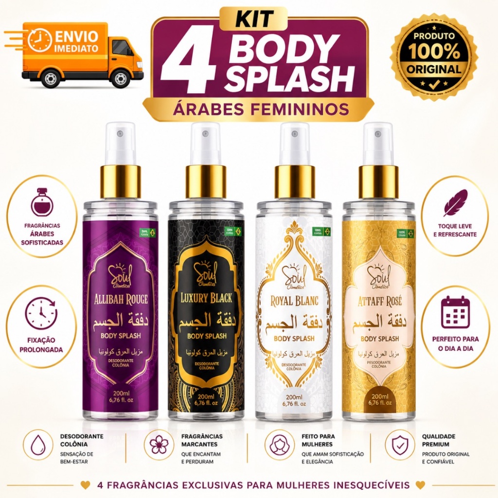 KIT 4 BODY SPLASH ARABE, DESODORANTE COLONIA ARABE FEMININO 200 ML