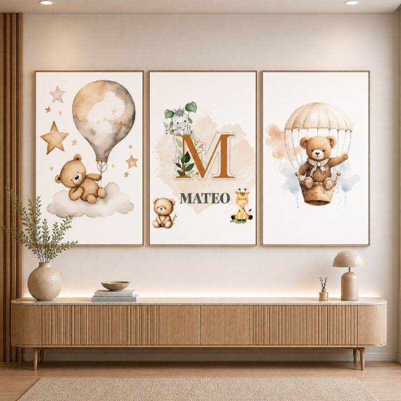 Trio de Quadros Decorativos Personalizado Nome Ursinho Baloeiro Urso Balões