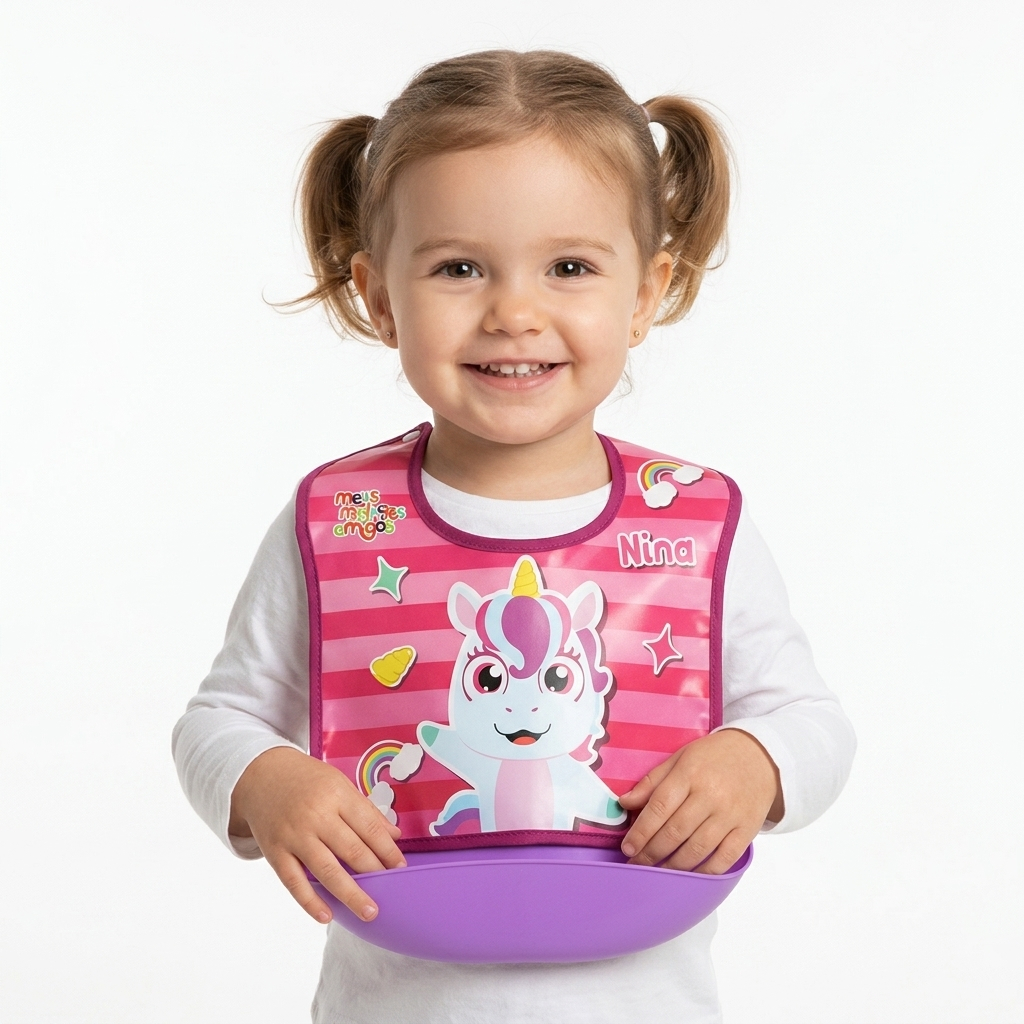 Babador Bebê Impermeável Unicórnio Rosa Bolso Pega Migalhas Fácil Limpeza Introdução Alimentar