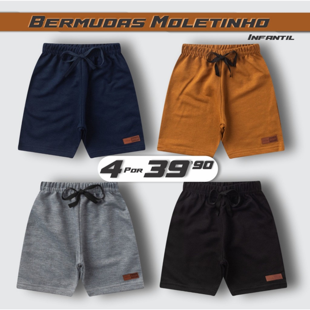 Kit 4 Bermudas Menino Moletinho Algodão Sortidas 4 Cores M Bebê ao 14 Anos Infantil Juvenil