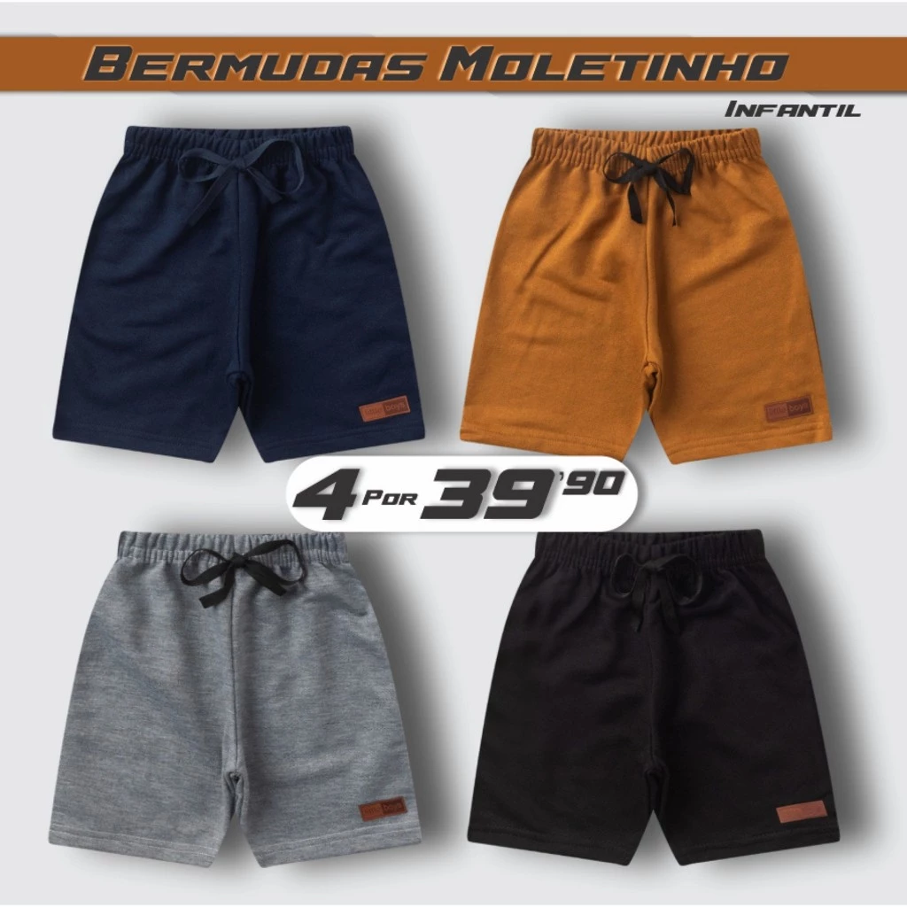 Kit 4 Bermudas Moletinho Infantil Menino Algodão Cores Sortidas M Bebê ao 14 Anos - Roupa Infantil — imagem 1