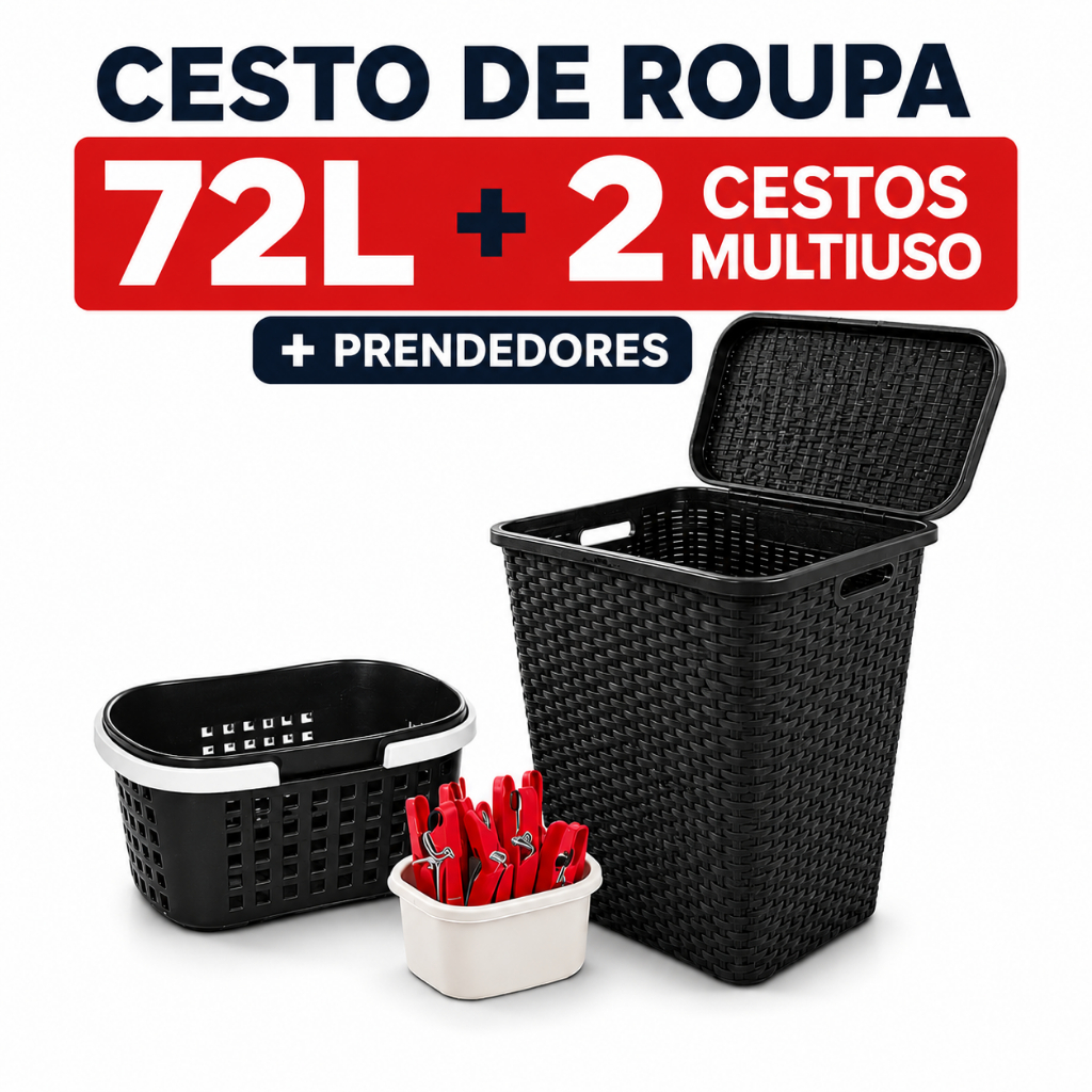 Cesto Roupa 72L + 2 Cesto Multiuso + Prendedores Plásticos Resistente Banheiro Área de Serviço Lavanderia Organizada
