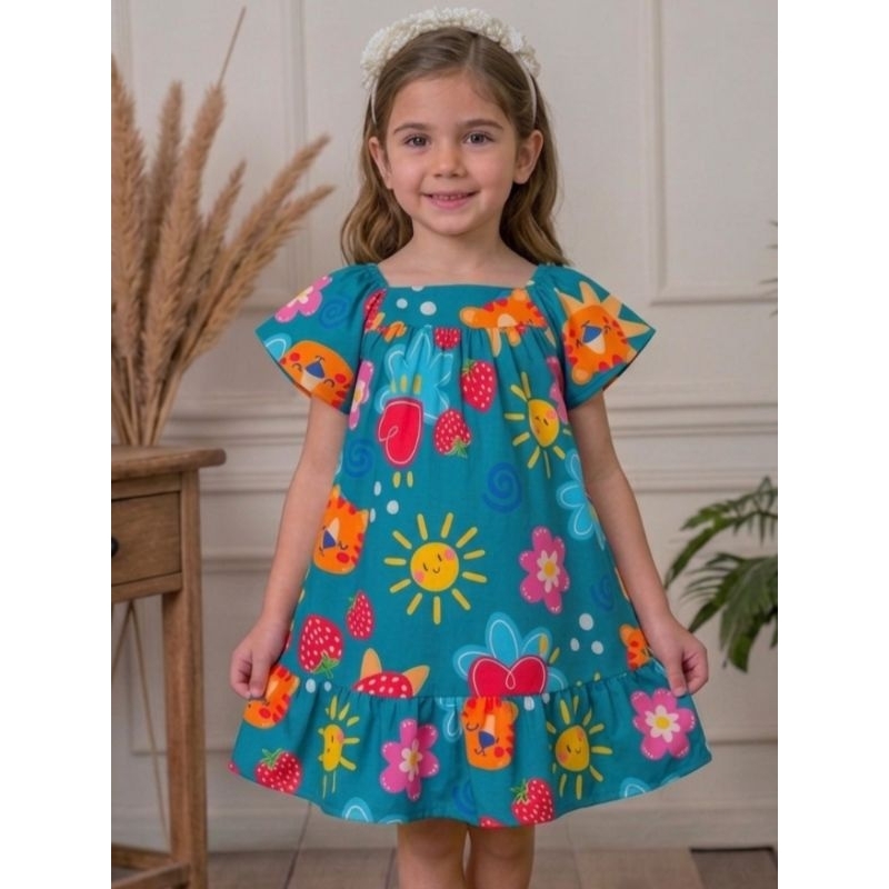 Vestido Infantil Menina Princesa Rodado Estampado Lançamento Manga Curta Casual Festa 2 a 6 Anos