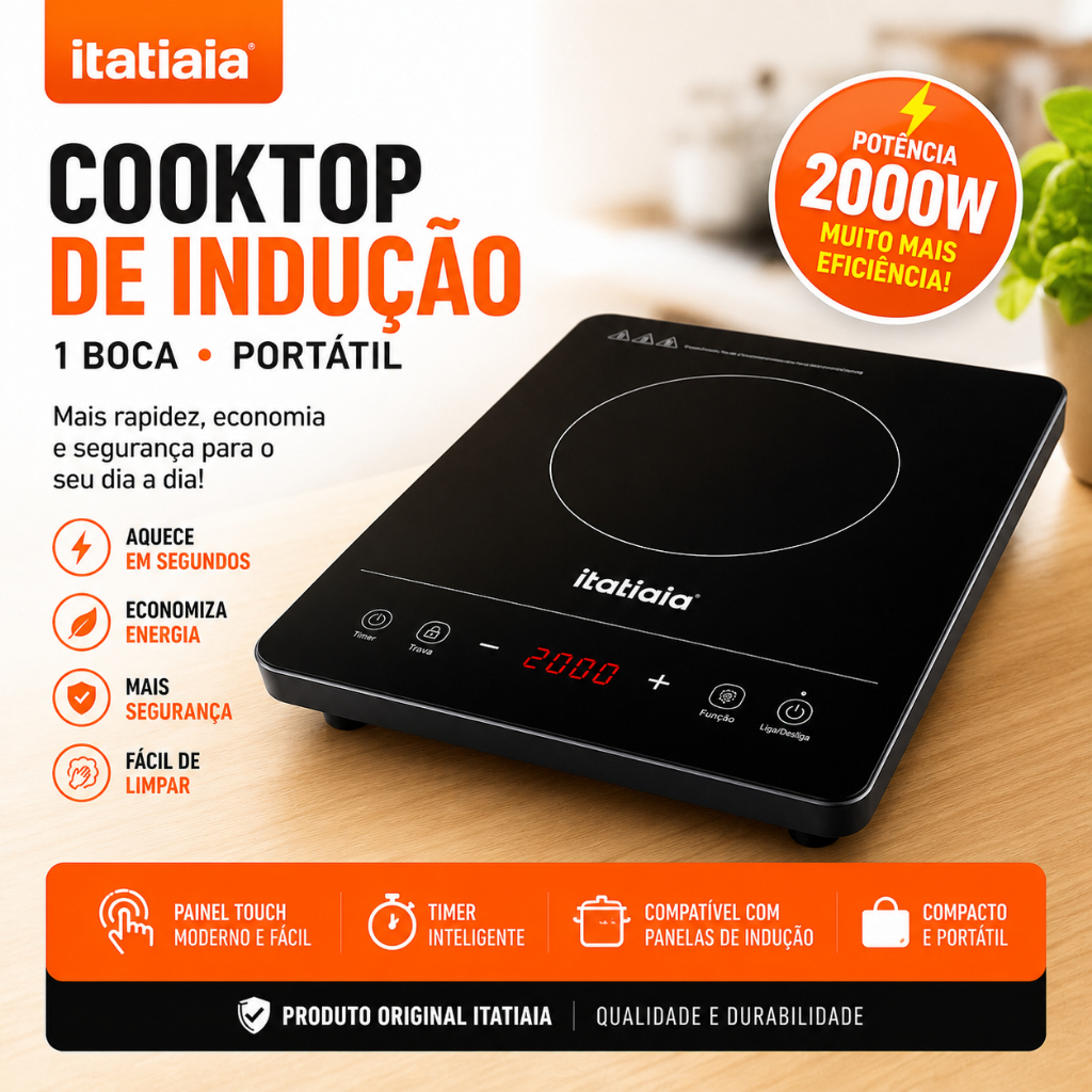 Cooktop Indução Itatiaia 1 Boca Portátil 110v 2000W Mesa Vidro Touch Timer Preto
