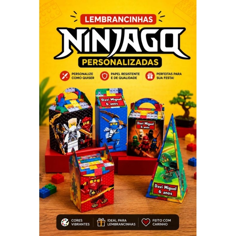 Kit Festa Ninjago Personalizado 10/50 Peças – Caixas Milk - Pirâmide - Maleta - Canudo com Nome e Idade Infantil