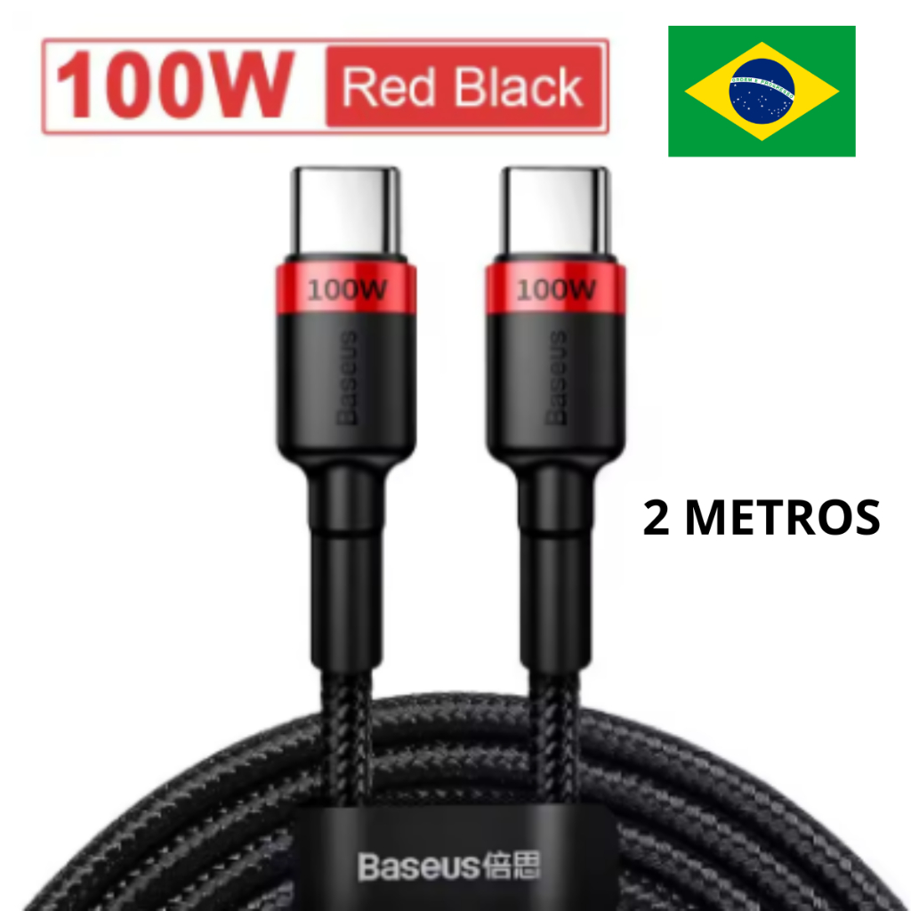 Cabo USB tipo C para tipo C Baseus carregamento rápido 100W turbo 2 metros