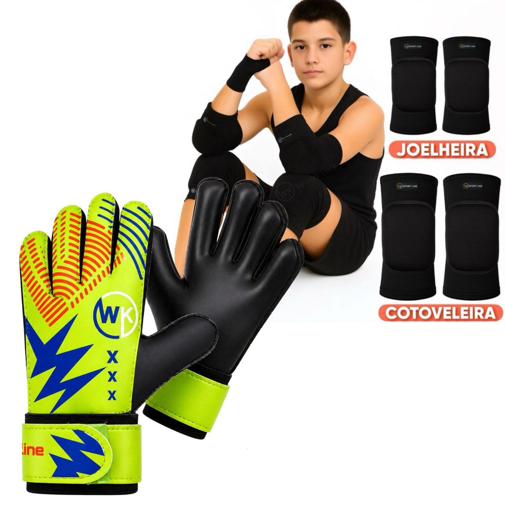 Luva Goleiro Joelheira +Cotoveleira Clássica kit Infantil Juvenil