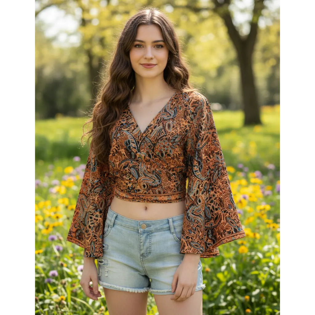 Cropped Blusa Indiana Transpassada Cetim Seda Hippie Boho