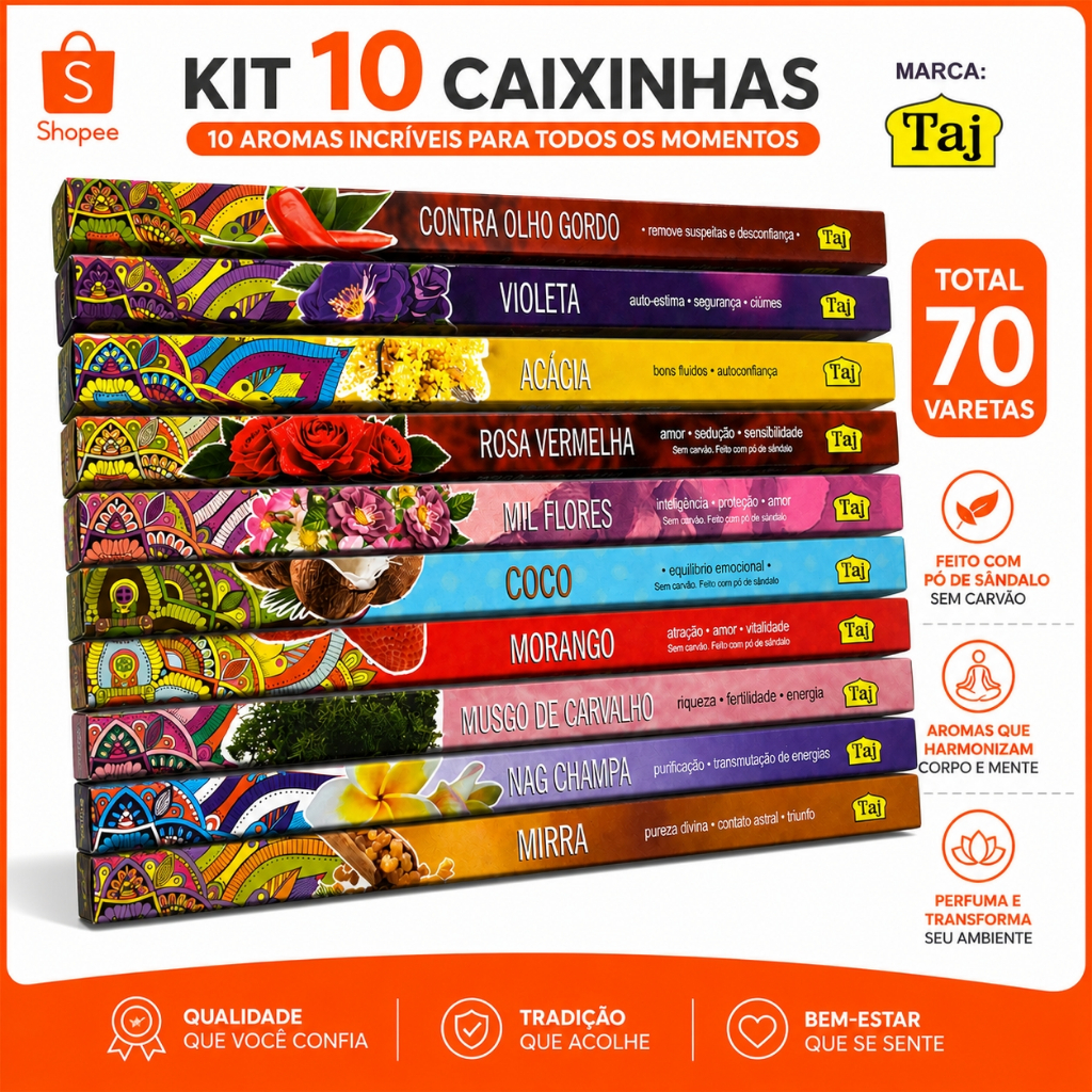 Incenso Indiano Taj Kit 10 Caixinhas Sortidas 70 Varetas