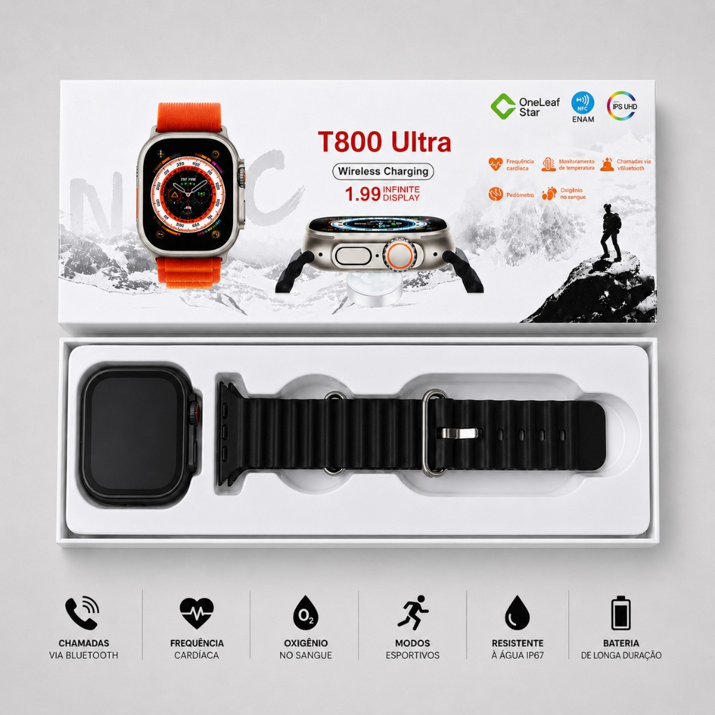 Smartwatch T800 Ultra NFC 2.02” HD Bluetooth Chamada Esportivo IP67 + Película