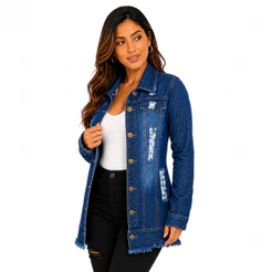 Jaqueta Jeans Max Feminina Alongada Sem Lycra Botões Frontais Moda Blogueira Casual Inverno Premium.