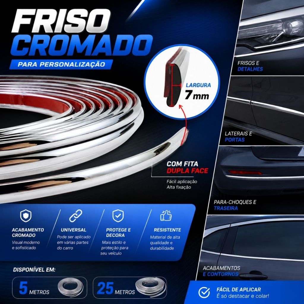 Imagem Aplique Friso Universal Autocolante Cromado 7mm para Grades e Para choque