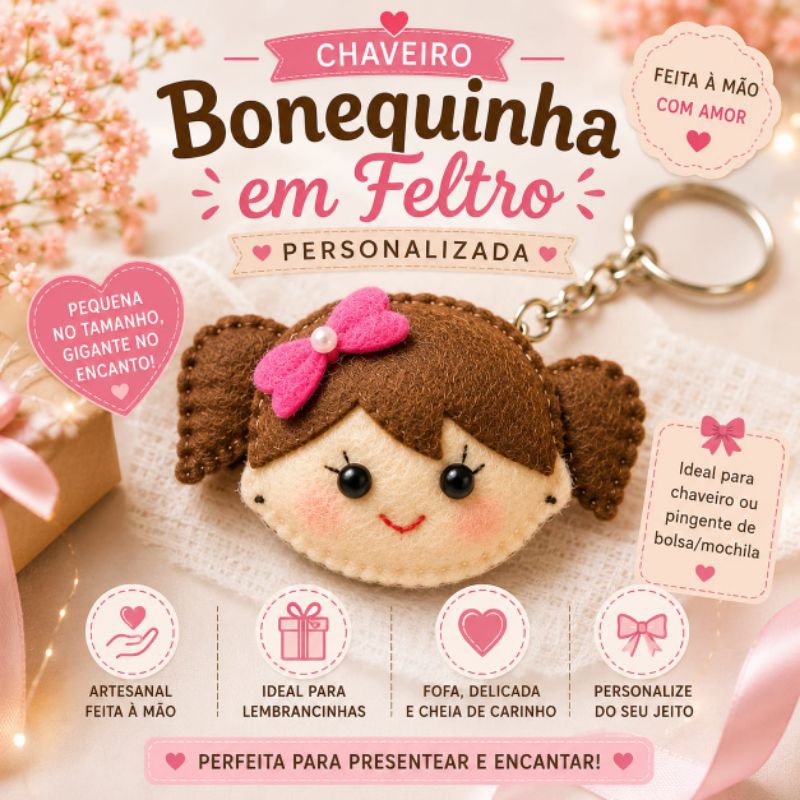 Chaveiro Bonequinha em Feltro Personalizada | Lembrancinha Infantil Menina Aniversário Maternidade Artesanal Fofa