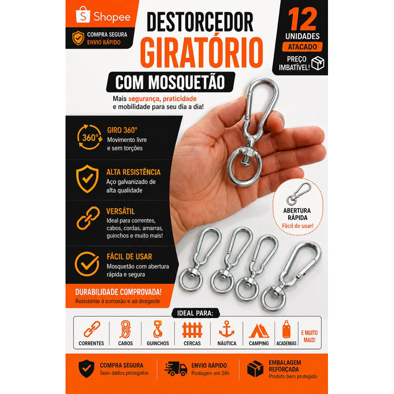 kit com mosquetão argola 25cm 12 unidades N7,trava,c/engate Rapido