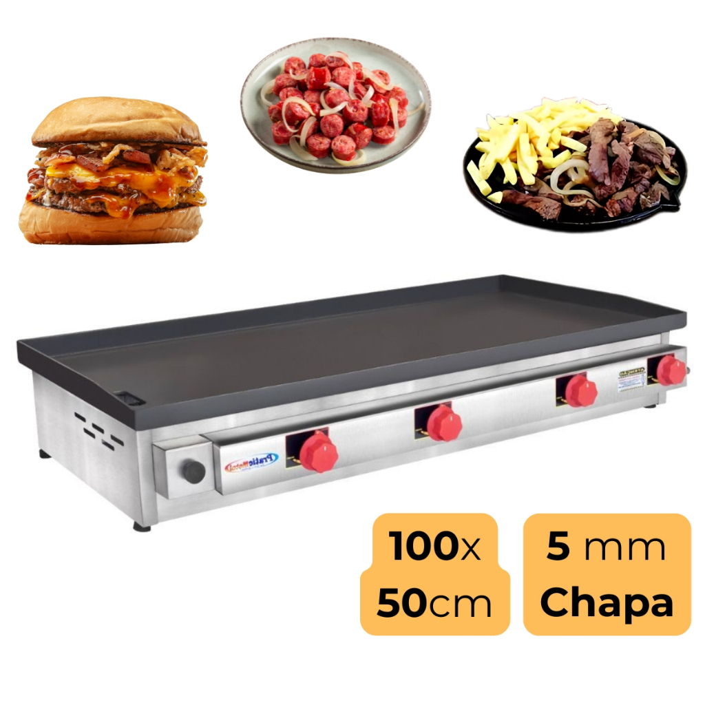 Chapa de Hamburguer Lanche Profissional A Gas 100x50 com 5mm Espessura e 4 queimadores Chapeira Robust Pratic Metal