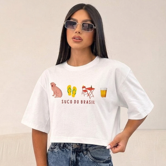 Cropped Blusa Over Sized 100% Algodão Look Feminino Estampado  Brasil Estiloso Tendencia