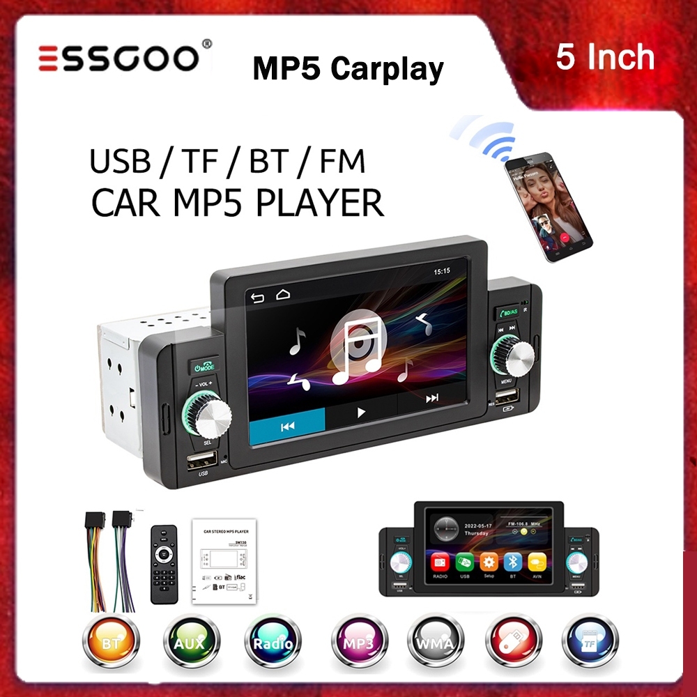 ESSGOO 5 Polegadas Central Multimidia 1 Din HD Tela sensível ao toque Rádio de carro Retrovisor de Celular Conectando
