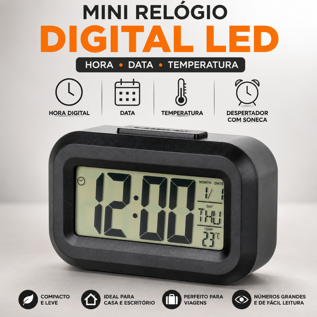 Relógio Digital Mini LED Despertador Alarme Termômetro Temperatura Compacto Mesa Quarto Portátil