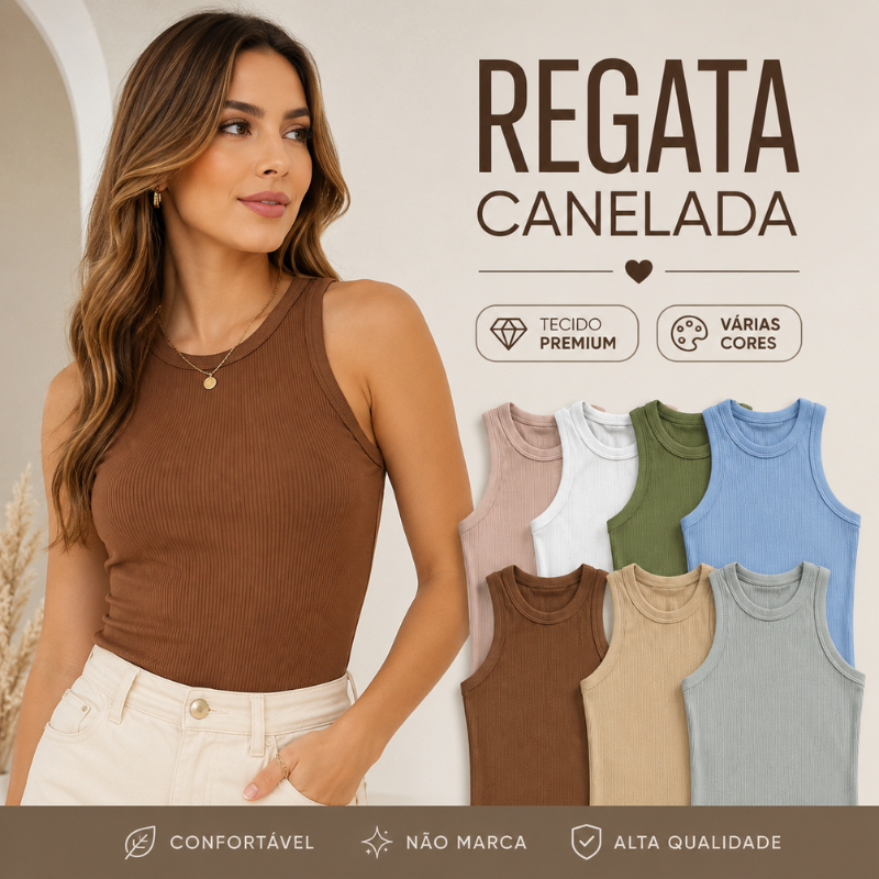 Regata Canelada Feminina Premium Com Elastano Básica Casual Moda Blogueira Tendência | 4185 | Lançamento