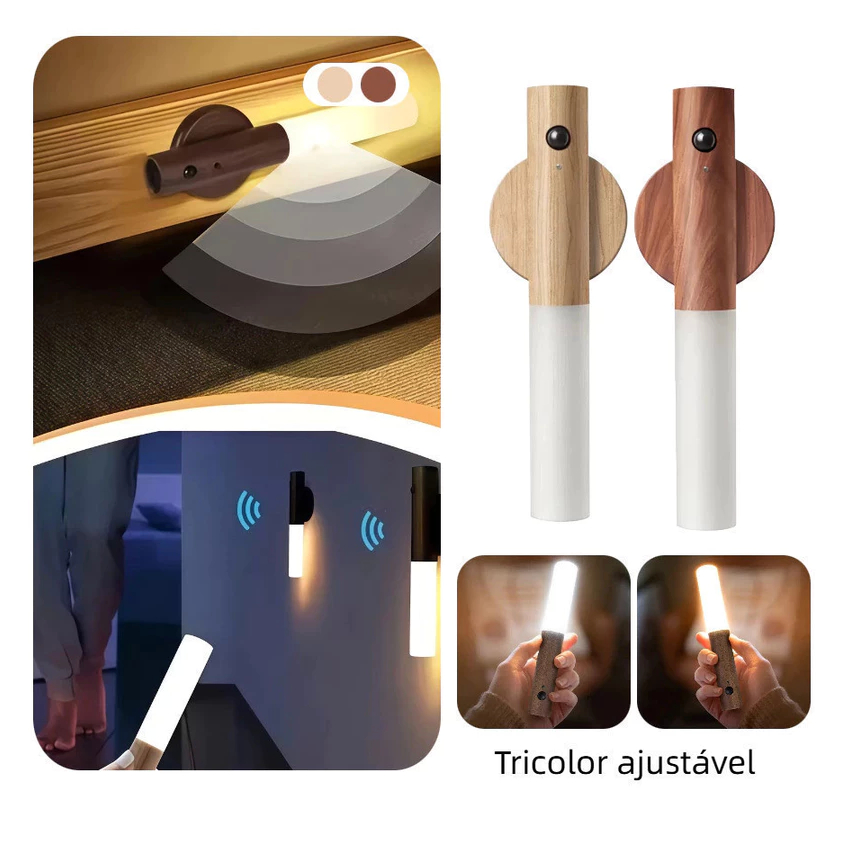Kit 2 Luminaria Luz Led Recarregável Sensor de Movimento Arandela de Madeira Minimalista Para Mesa Parede