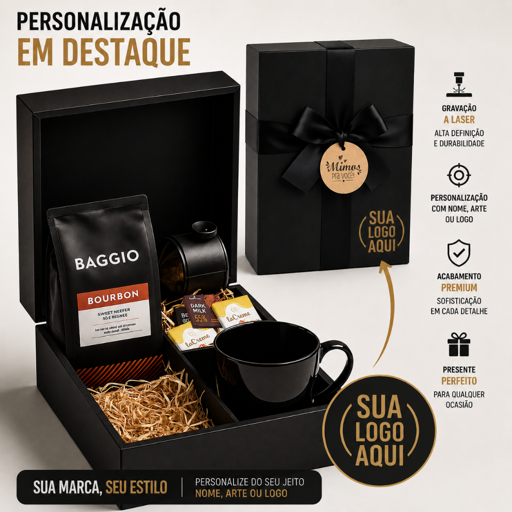 Cesta Kit Café Gourmet Baggio – Presente Sofisticado, Elegante e Pronto para Presentear - PERSONALIZE COM NOME OU LOGO!
