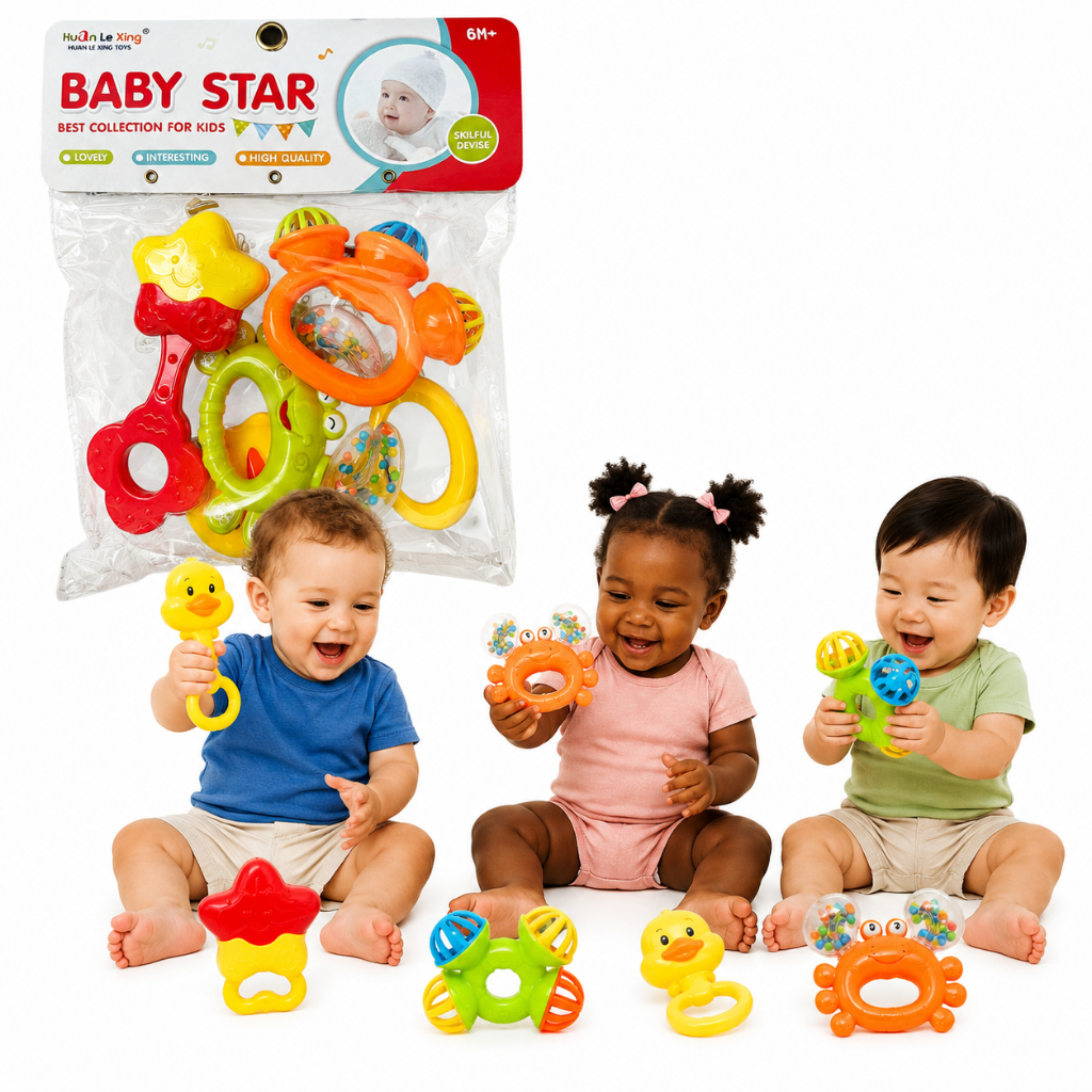 Kit Chocalho Bebê Baby Star 4 Peças Educativo Sensorial Mordedor Infantil Coordenação Motora 6M+