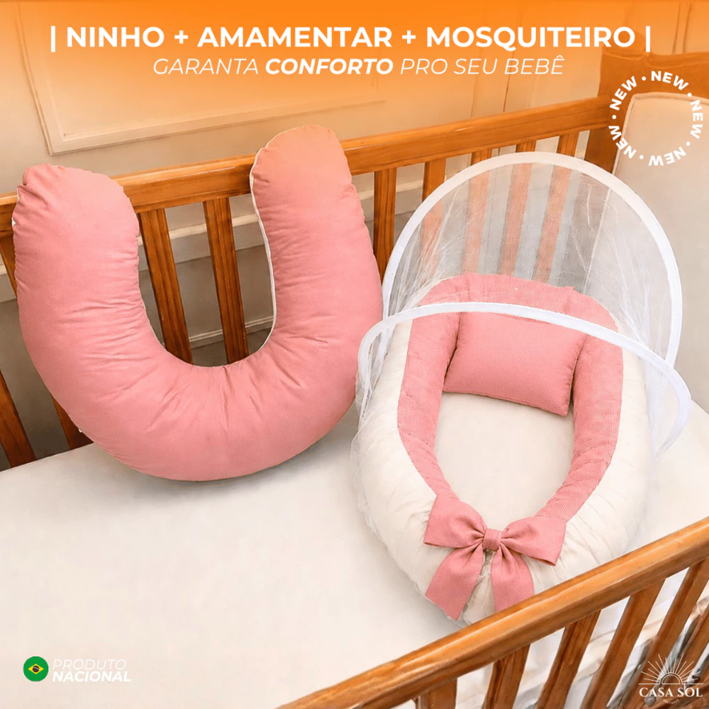 NINHO REDUTOR DE BERÇO | ALMOFADA AMAMENTAÇÃO | MOSQUITEIRO PROTETOR | 400 FIOS | LISO