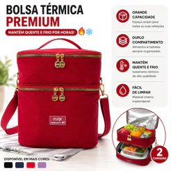 Bolsa Térmica Dupla Grande 26x20x28cm Lancheira Térmica Impermeável com Alça Ajustável para Marmita Bebida Piquenique