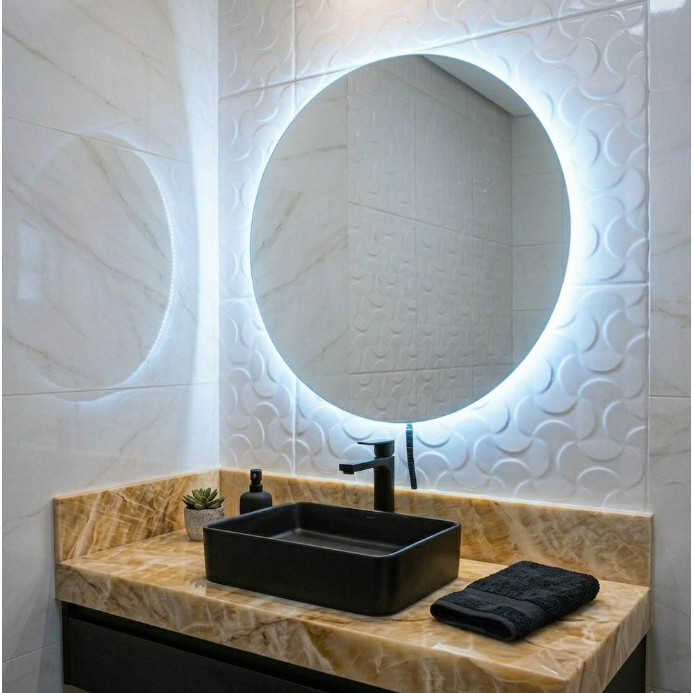 Espelho Redondo 60Cm X 60Cm Lapidado com LED À PILHA ou COM FONTE 12V Ambiente Moderno Decoração · foto 2