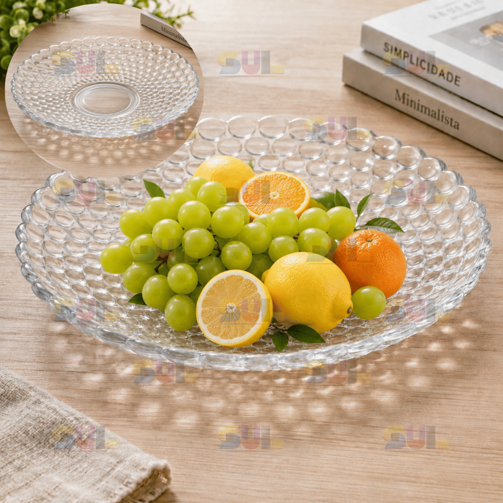 Centro De Mesa VIDRO GROSSO TRABALHADO BOLHAS Fruteira Saladeira Transparente Vidro Grosso