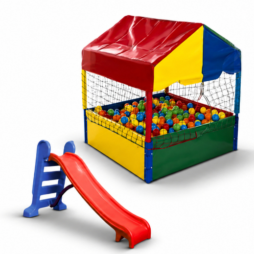 Piscina de Bolinhas Quadrada 1,00m Nacional Premium Colorida Playground + Escorregador Médio