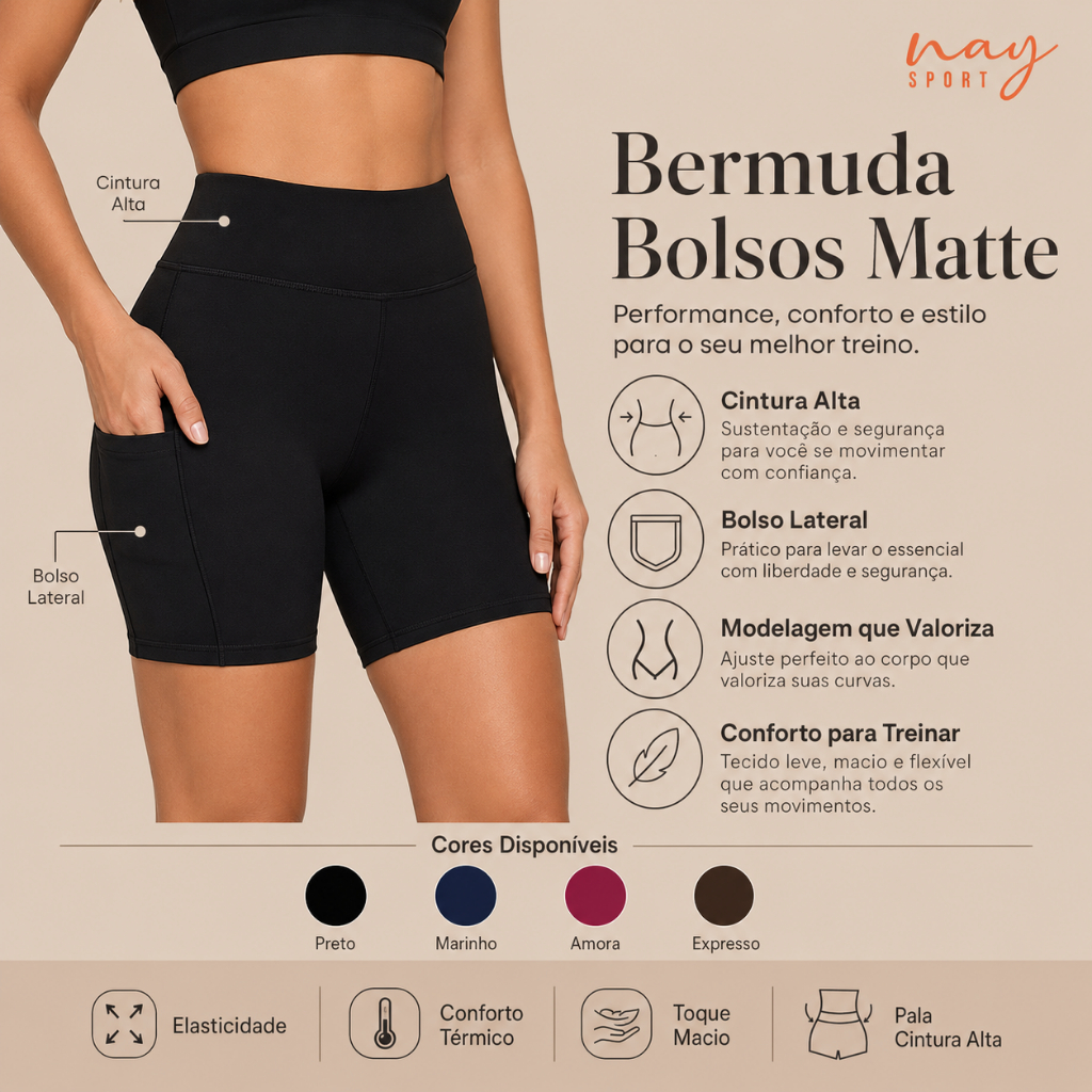 Bermuda Feminina Fitness Nay Sport Cintura Alta com Bolso Lateral Academia Trein