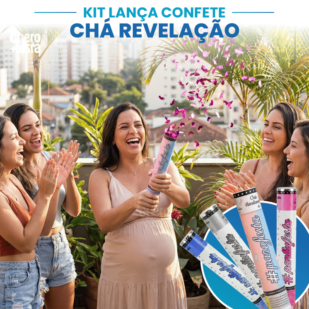 Kit Lança Confetes Chá Revelação Formato de Pézinho Bebe Rosa Azul Menina Menino Festas Gestante Boy Girl