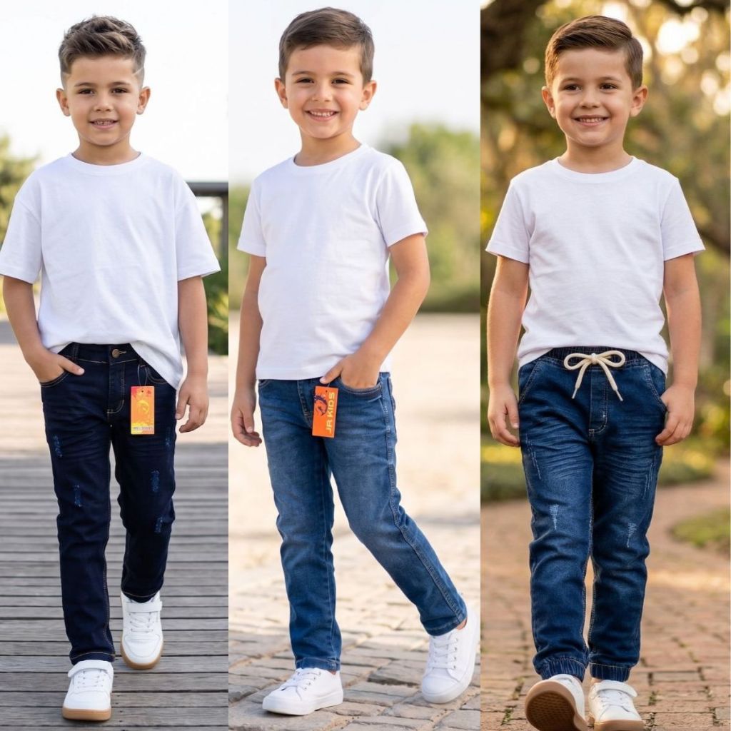 Combo 3 Calça Jeans com lycra Masculina Infantil Meninos 10 A 16