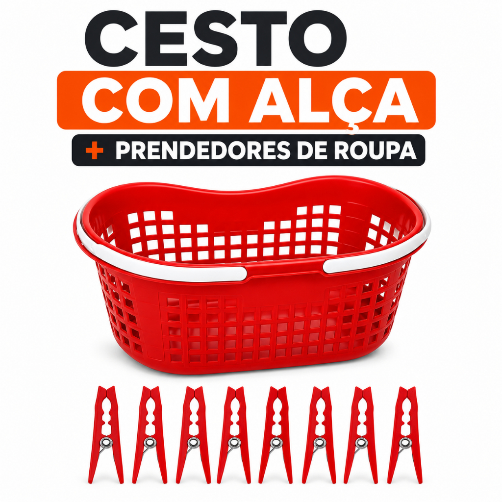Cesto com Alça e Prendedores de Roupa Varal Lavanderia Organizador com 12 ou 24 Prendedores Plástico Resistente